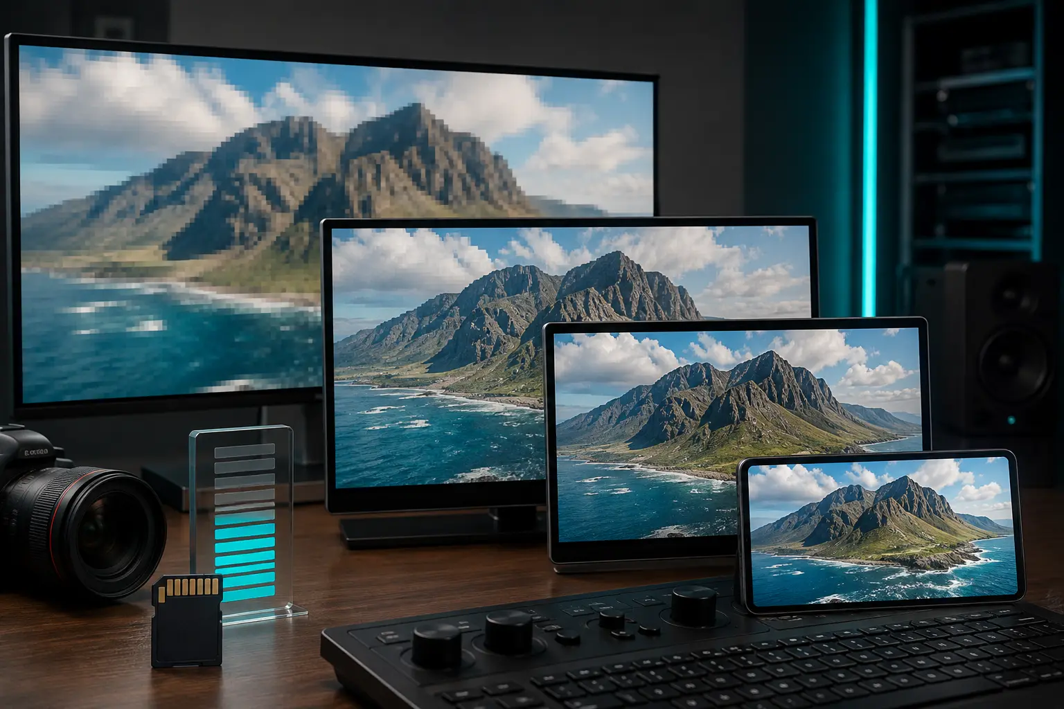 Four screens comparing the same scene at progressively sharper video resolutions